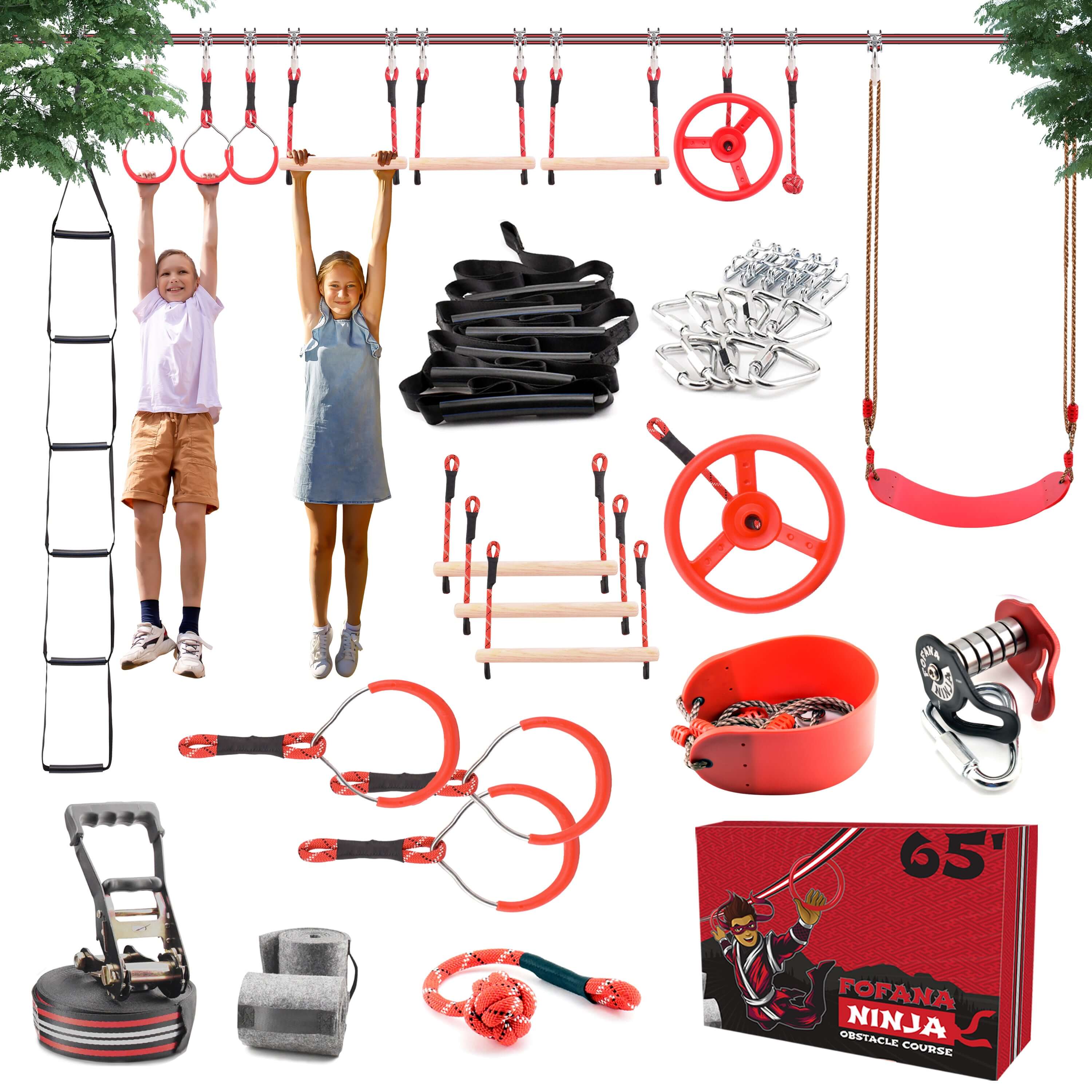 Fofana Ninja Warrior Slackline Obstacle Course featuring various obstacles and accessories for outdoor fun and fitness. | ninja playset