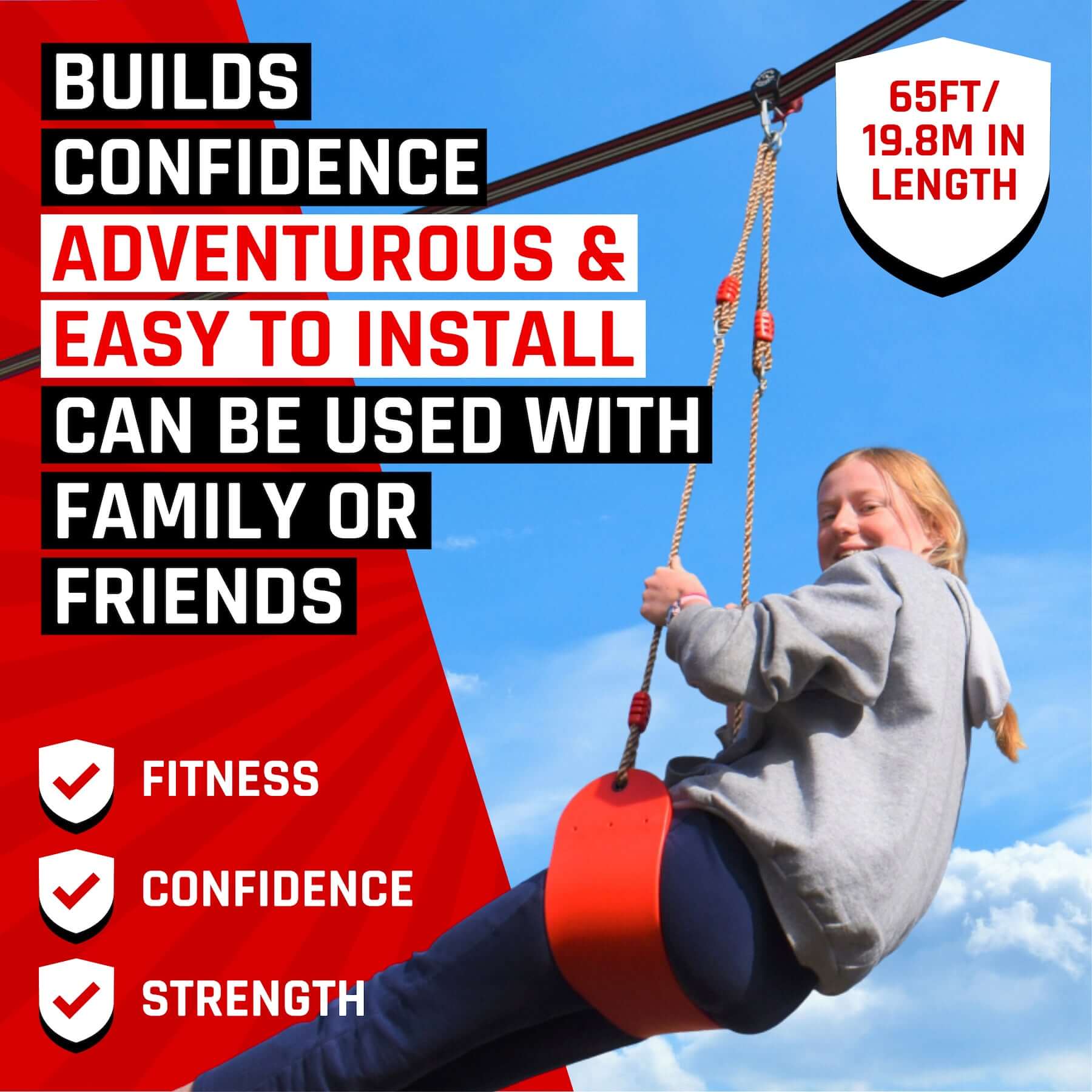 Fofana Ninja Warrior Slackline Obstacle Course with girl on a slackline, 65ft length, promoting fitness and confidence. | Ninja Slackline kit 45 pieces