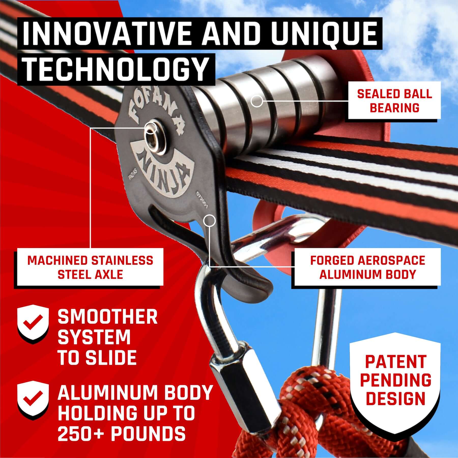 Innovative technology of FOFANA Ninja Slackline featuring sealed ball bearing and aluminum body holding up to 250+ pounds. | Kids Ninja Slider Kit